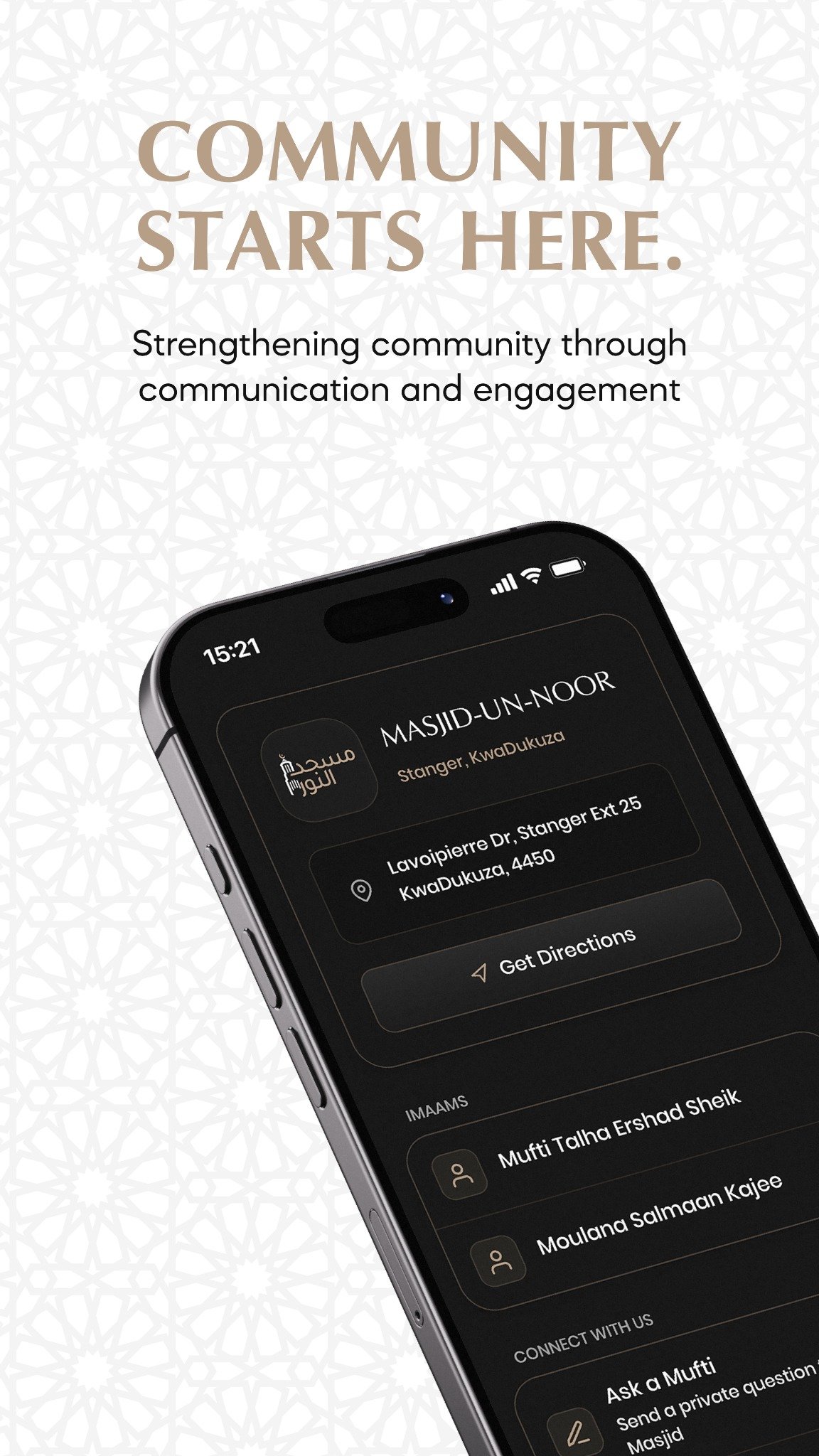Masjid Un Noor app community information screen