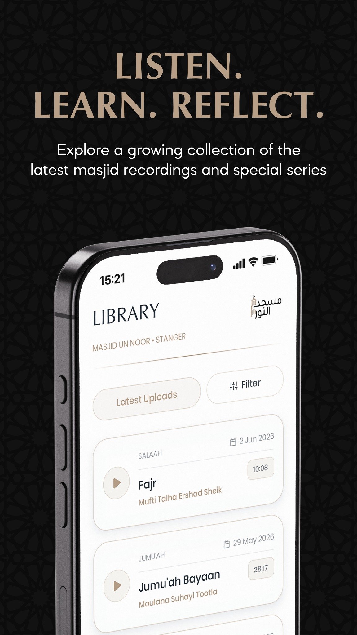 Masjid Un Noor app Islamic audio library screen