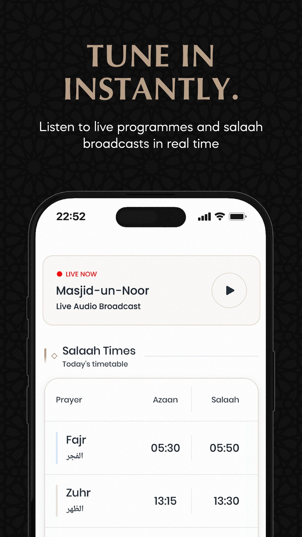 Masjid Un Noor app live audio broadcast screen