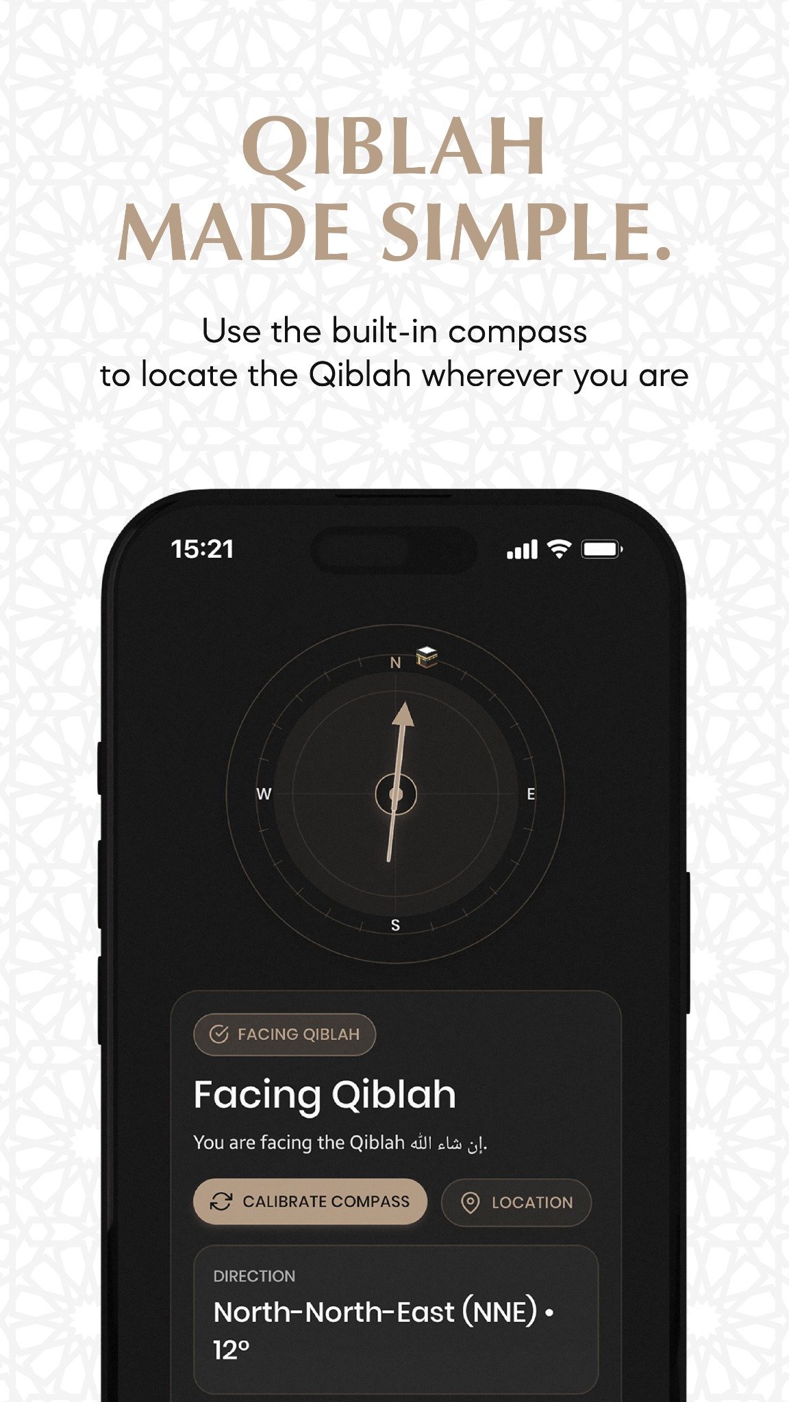 Masjid Un Noor app Qiblah compass screen