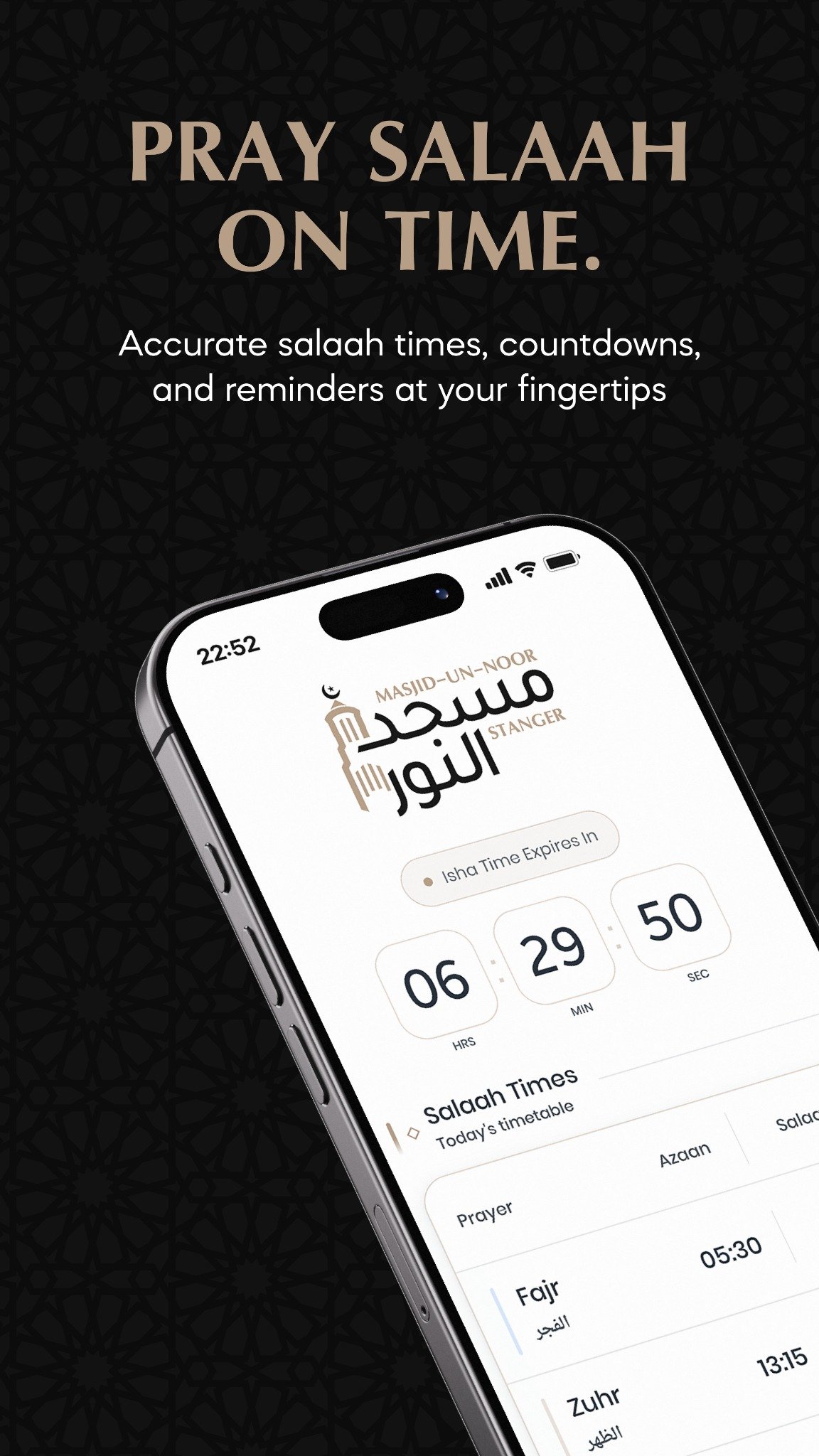 Masjid Un Noor app salaah times screen